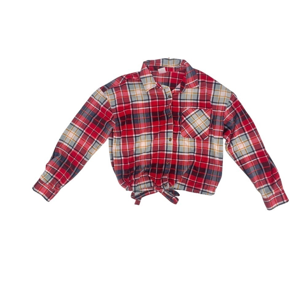 NWT So Blue Red Plaid Tie Waist Cropped Flannel Shirt Size Large Women’s